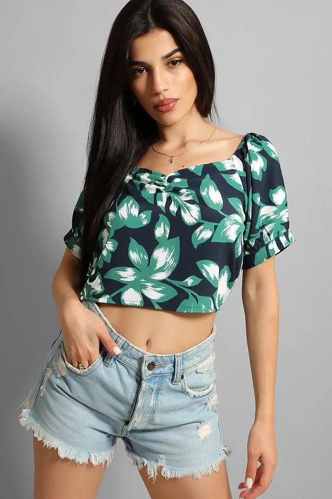 Navy Green Leaves Print Crop Top