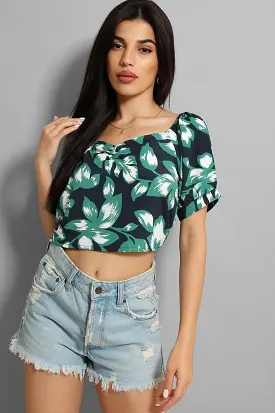 Navy Green Leaves Print Crop Top