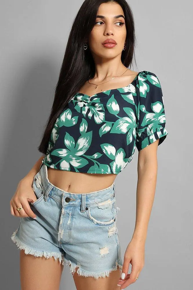 Navy Green Leaves Print Crop Top