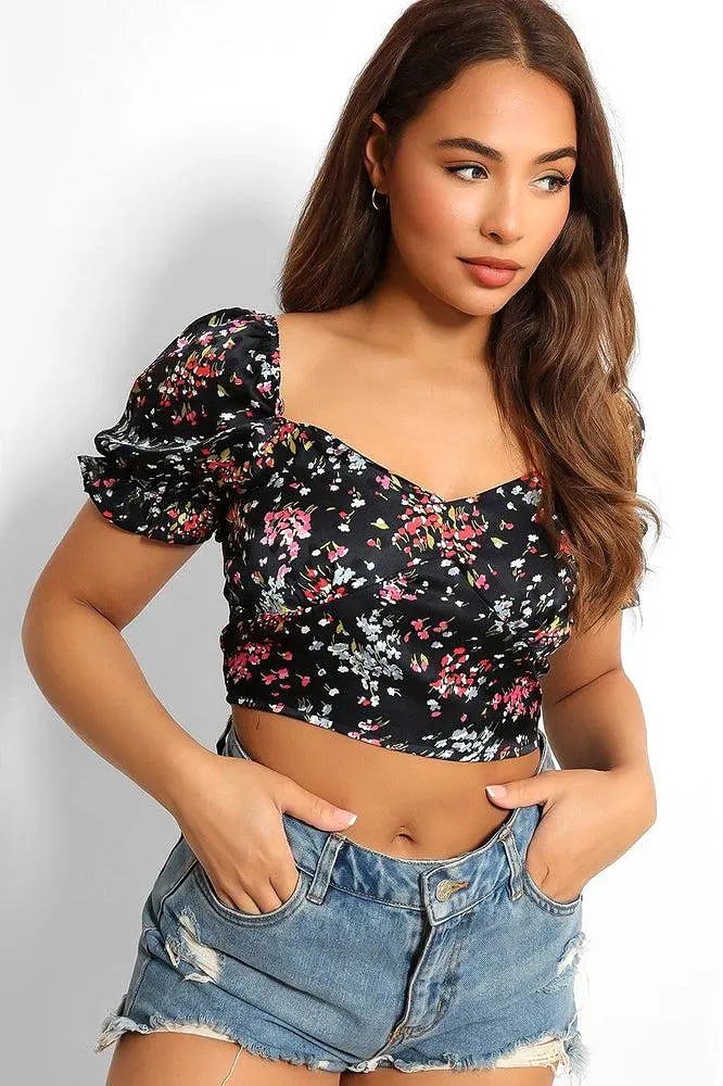 Navy Satin Floral Finish Shirred Crop Top