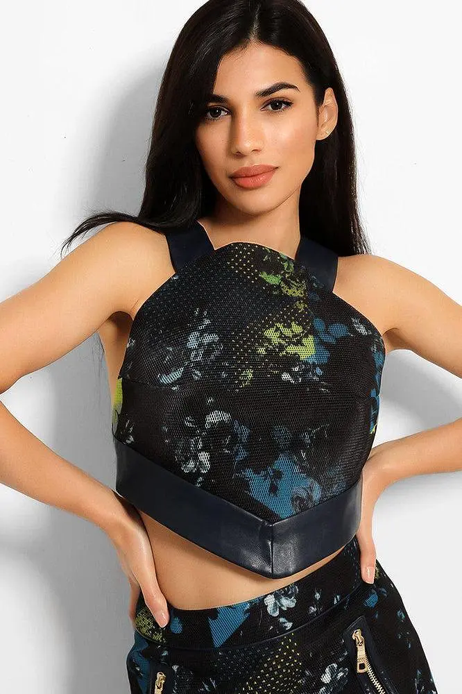 Navy Teal Dimple Floral Print Mesh Structured Top