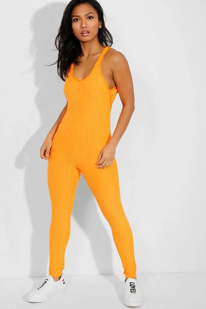 Neon Orange Ruched Crisscross Back Jumpsuit