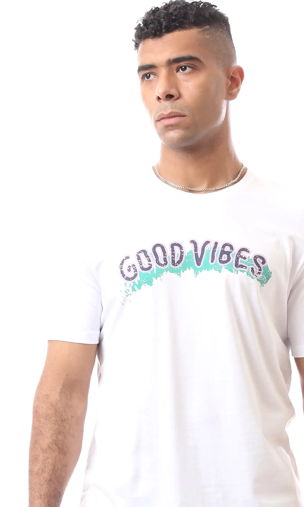 O163326 White Cotton Tee With Print Good Vibes