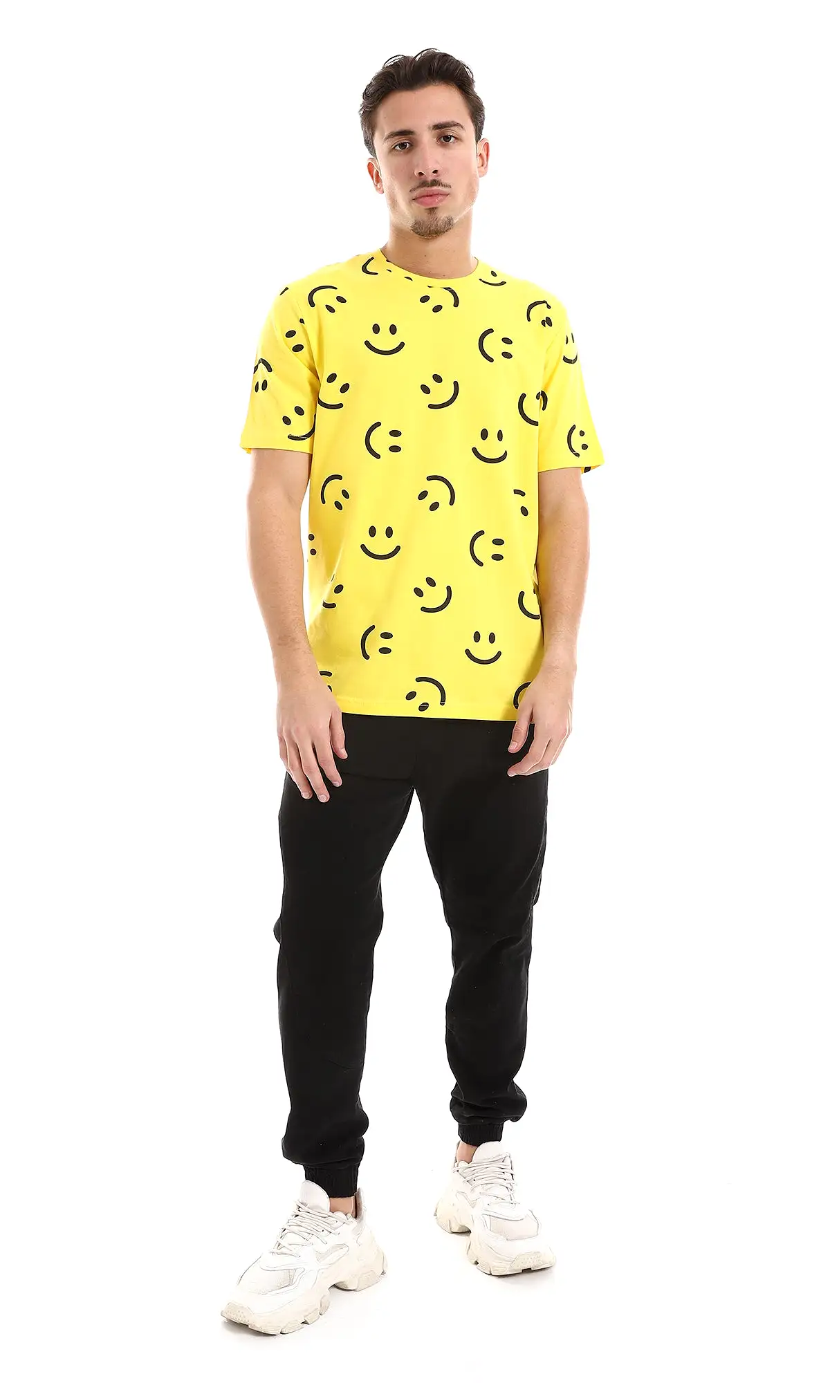 O164736 Smiles Patterned Slip On Cotton Tee - Yellow & Black