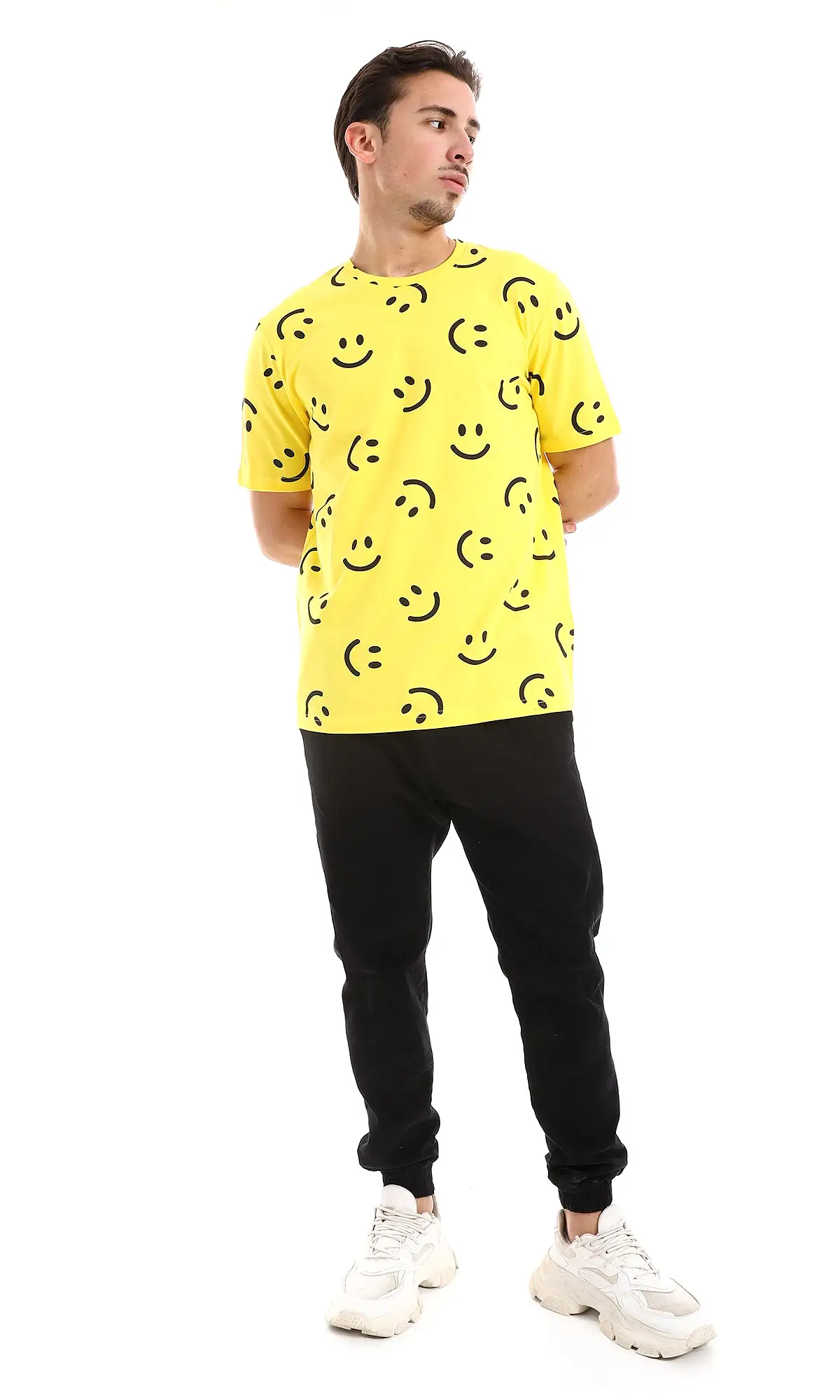 O164736 Smiles Patterned Slip On Cotton Tee - Yellow & Black