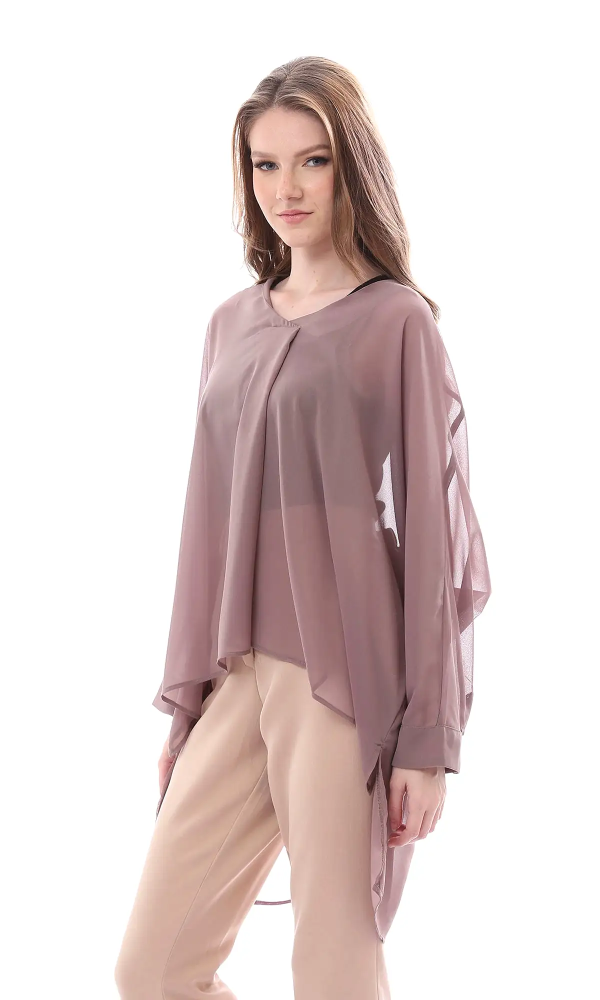 O165917 Dark Taupe Sheer Deep V-Neck Blouse