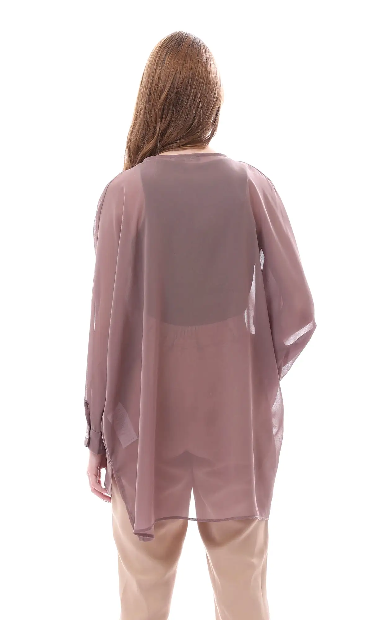 O165917 Dark Taupe Sheer Deep V-Neck Blouse