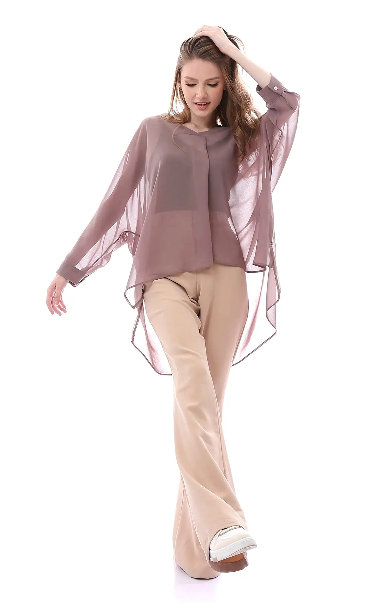 O165917 Dark Taupe Sheer Deep V-Neck Blouse