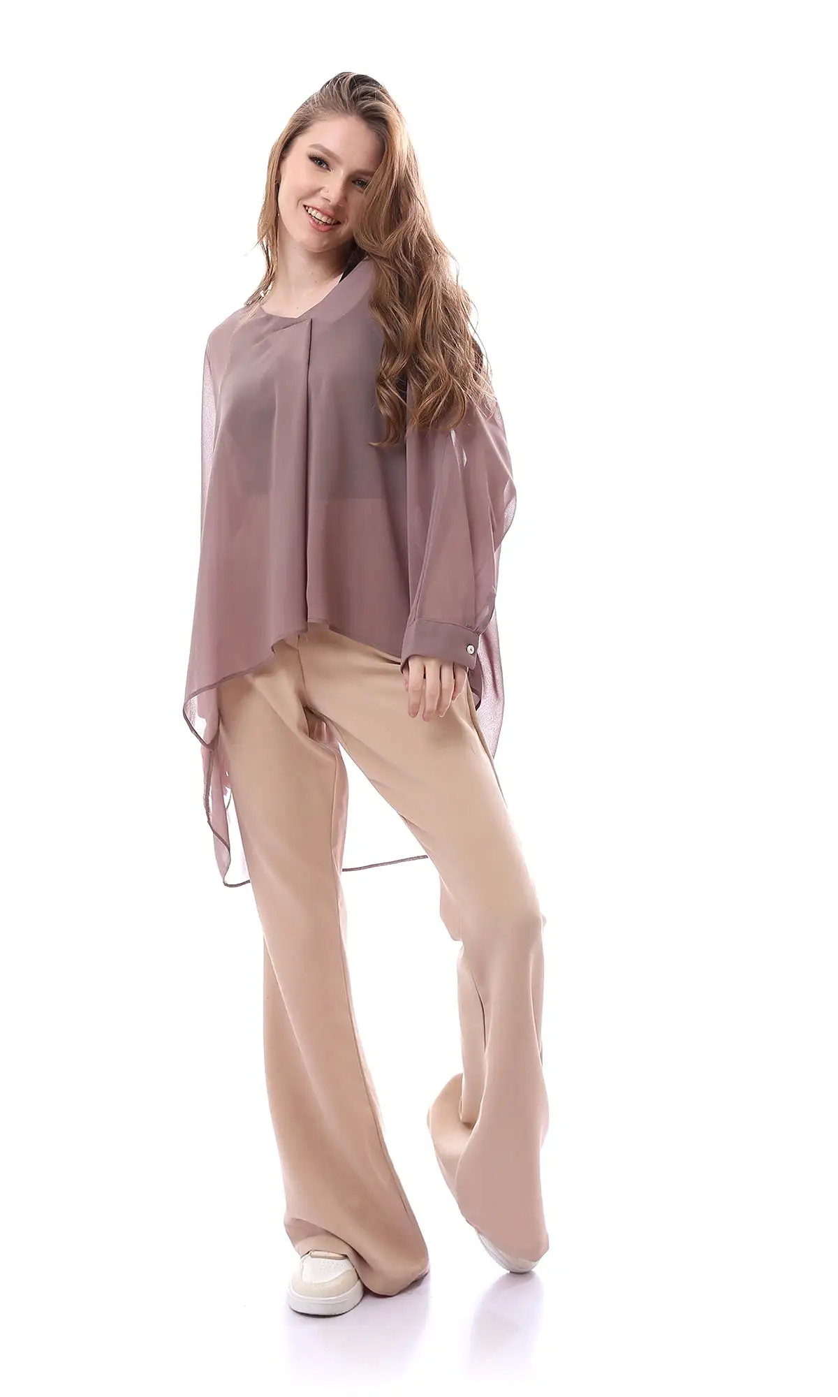 O165917 Dark Taupe Sheer Deep V-Neck Blouse