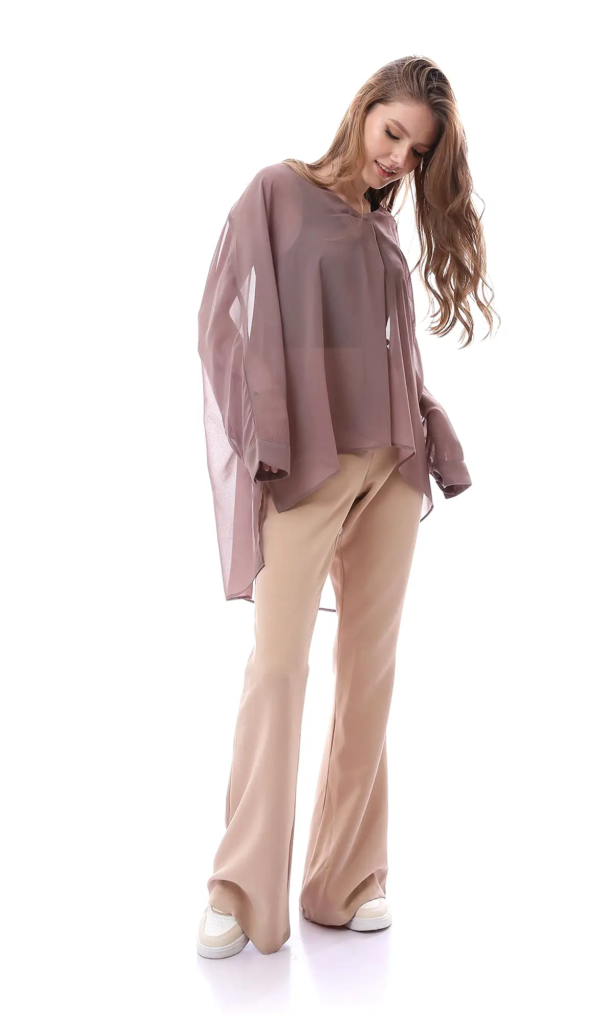 O165917 Dark Taupe Sheer Deep V-Neck Blouse