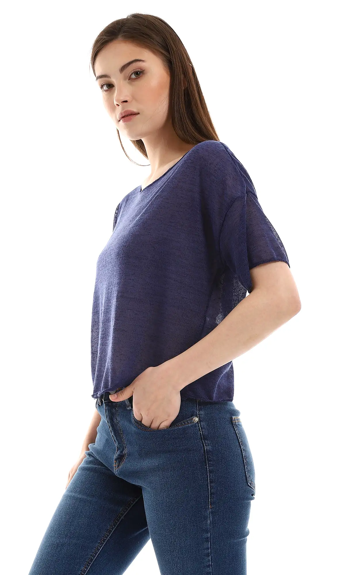 O166324 Navy Blue Slip On Soft Fabric Top