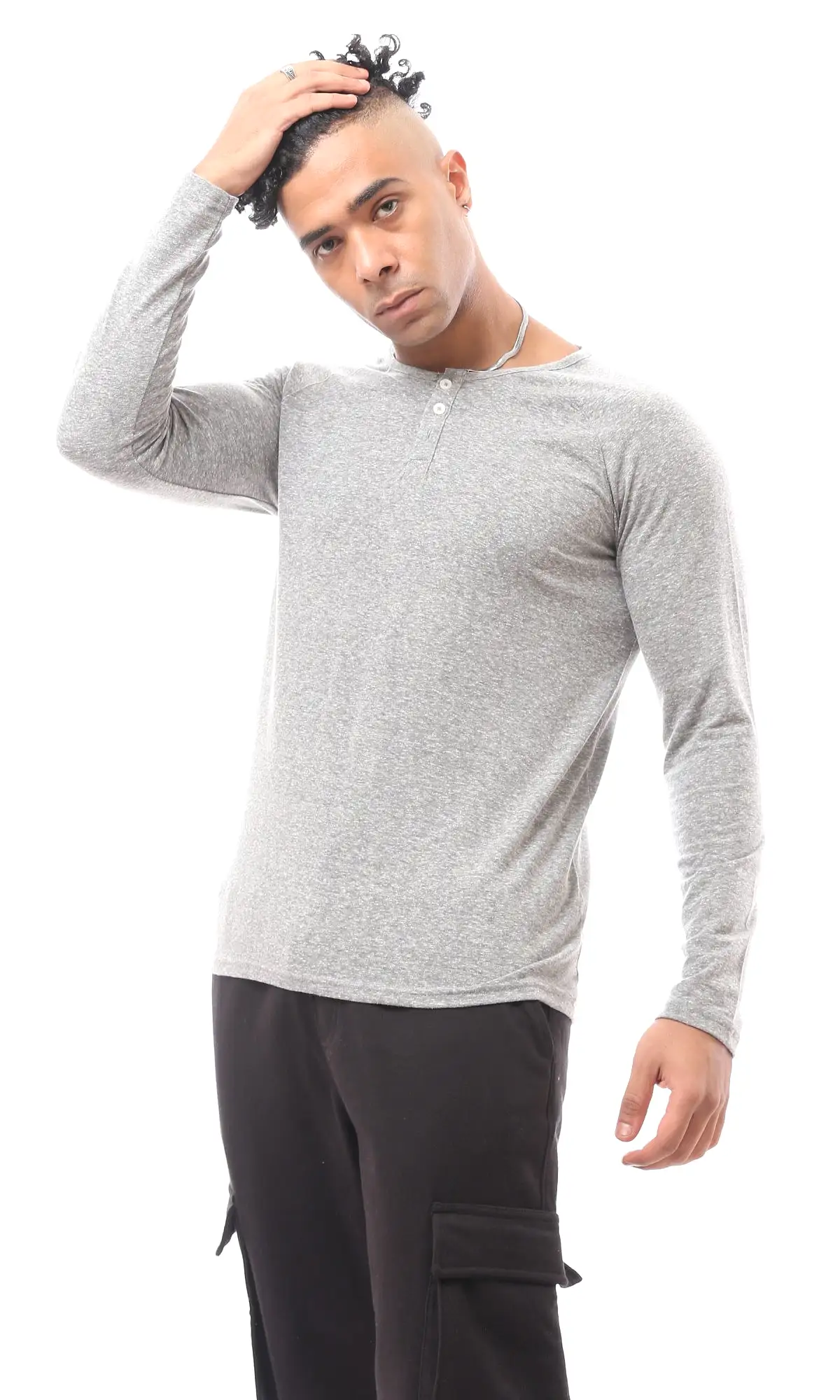 O171799 Long Sleeve Cotton Heather Light Grey Tee