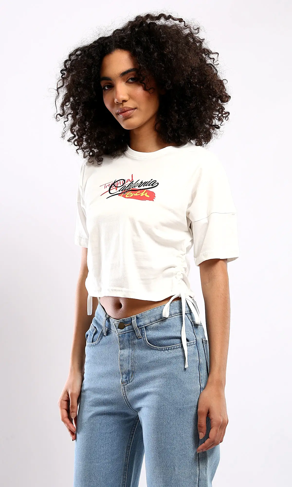 O178381 White Short Sleeves Printed Short Tee With Drawstring