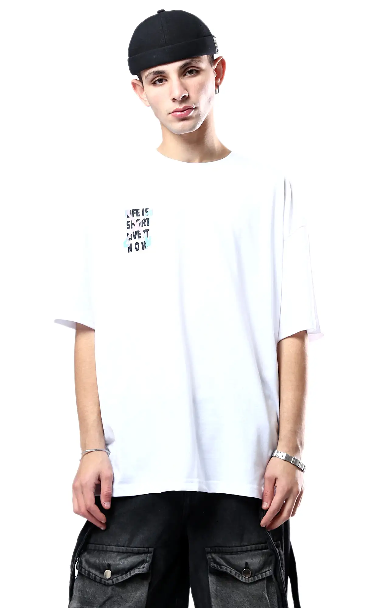 O178407 Slip On Crew Neck Printed White Tee