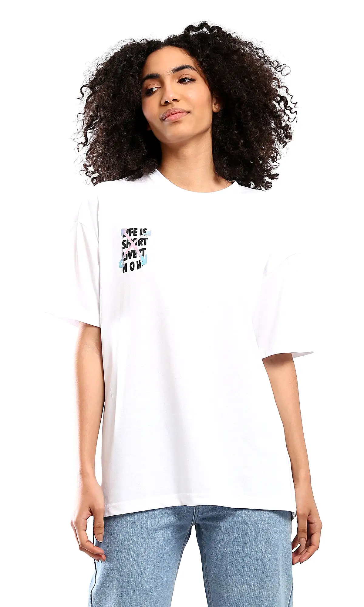 O178407 Slip On Crew Neck Printed White Tee