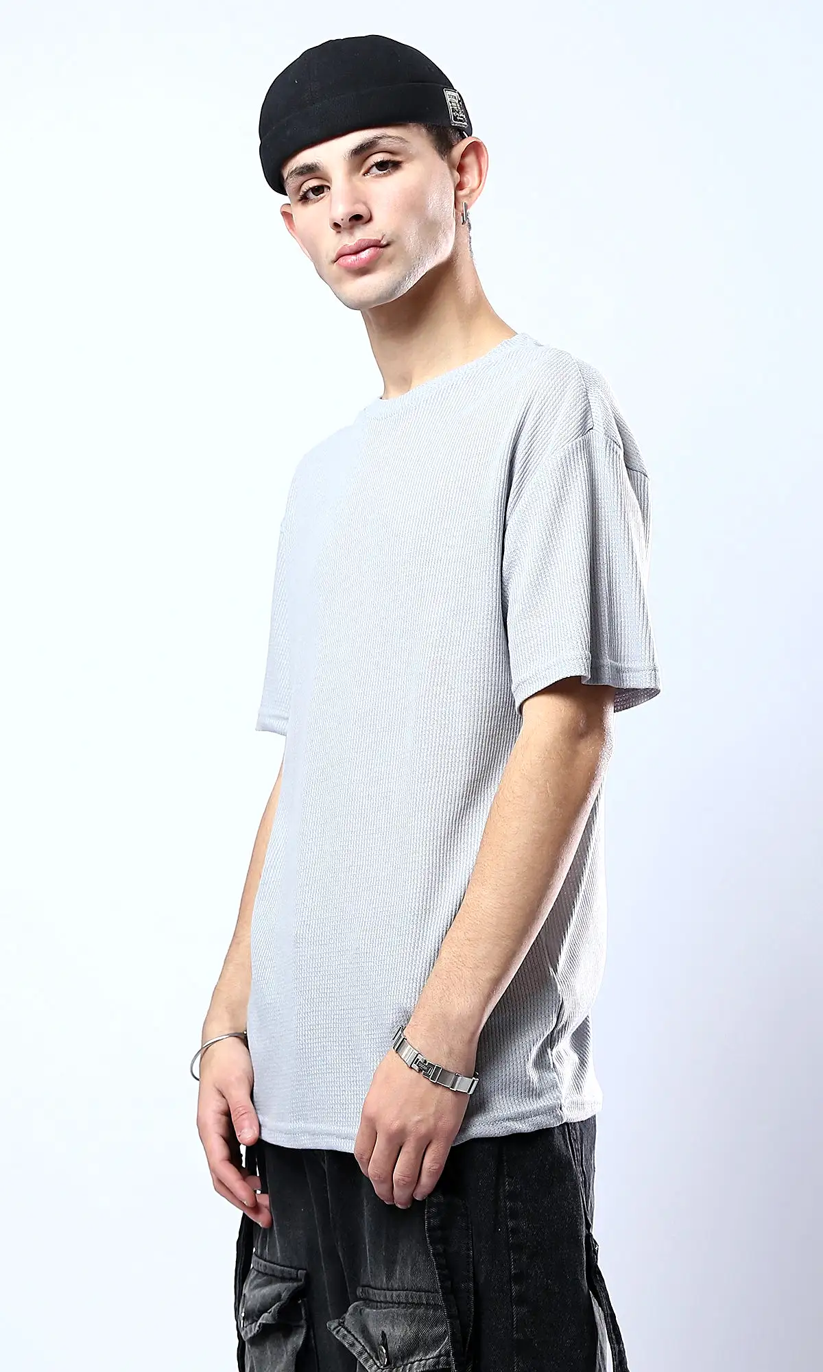 O178879 Self Pattern Grey Elbow-Sleeves Cotton Tee