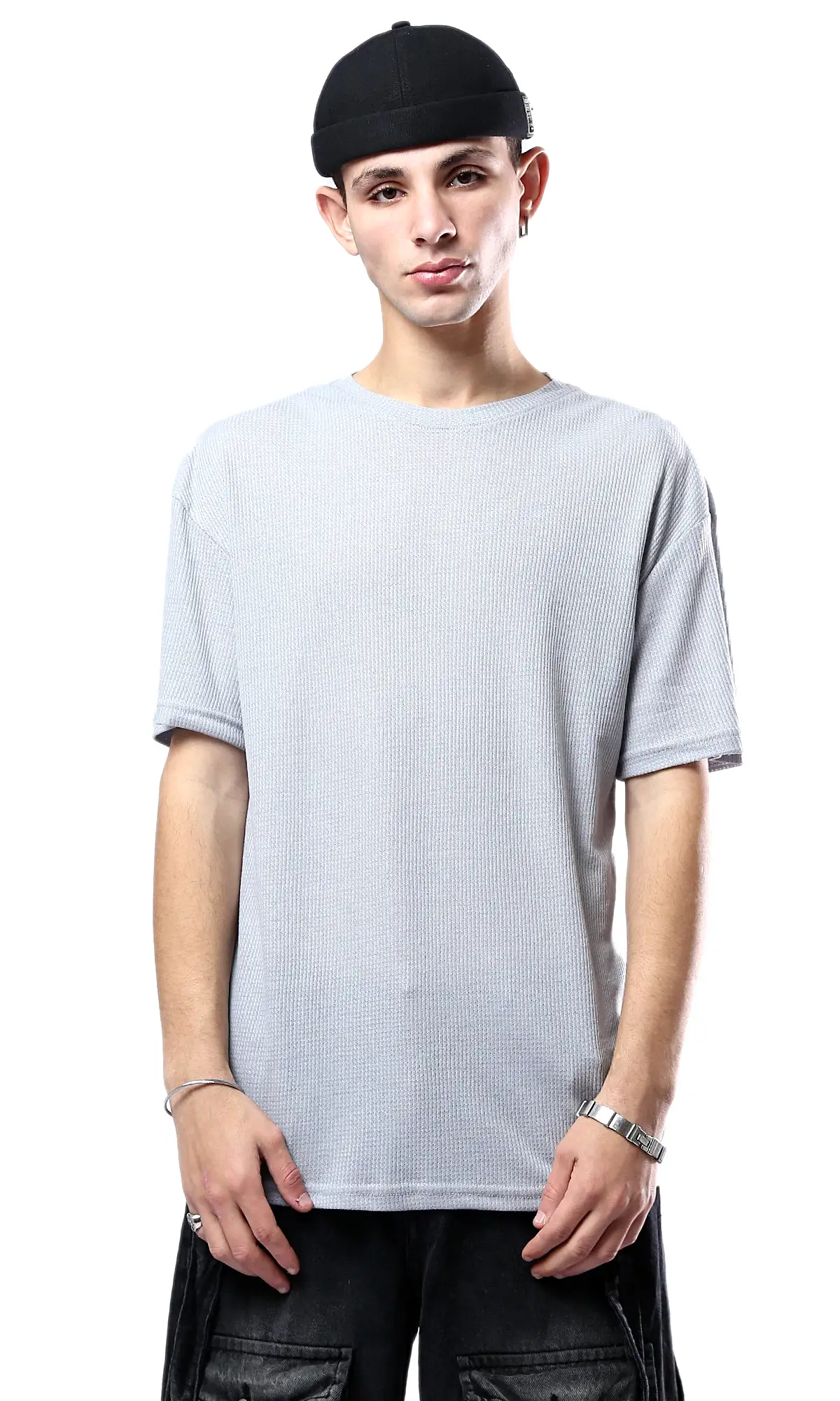 O178879 Self Pattern Grey Elbow-Sleeves Cotton Tee