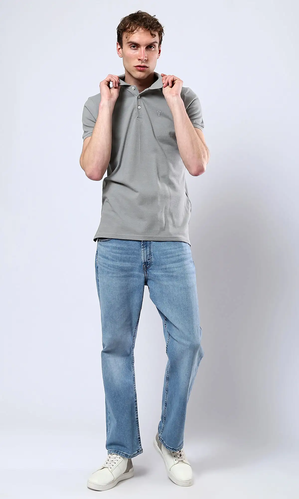 O178891 Short Sleeves Buttoned Heather Medium Grey Polo Shirt