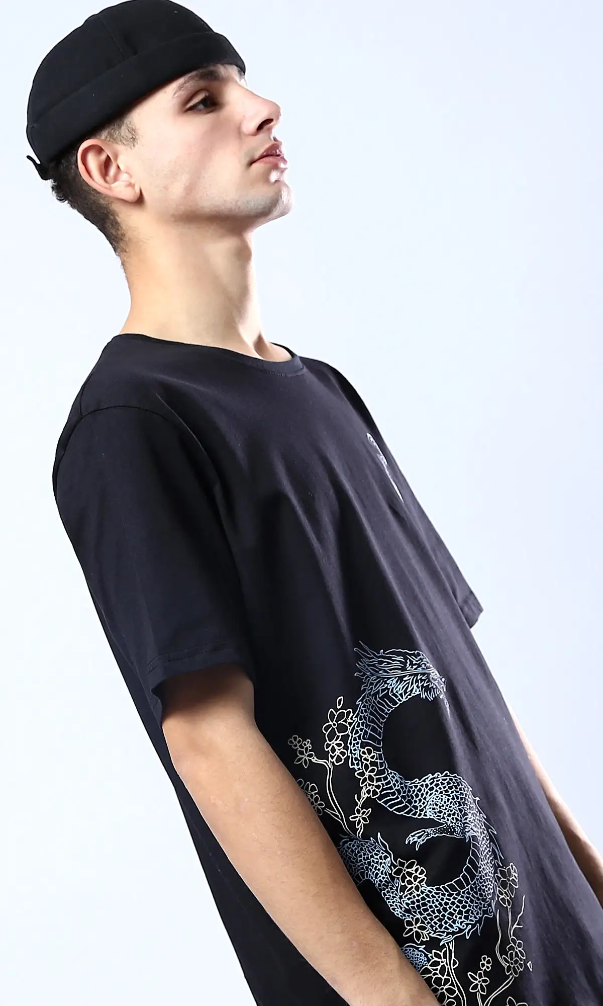 O178959 Black Crew Neck Tee With Printed Dragon