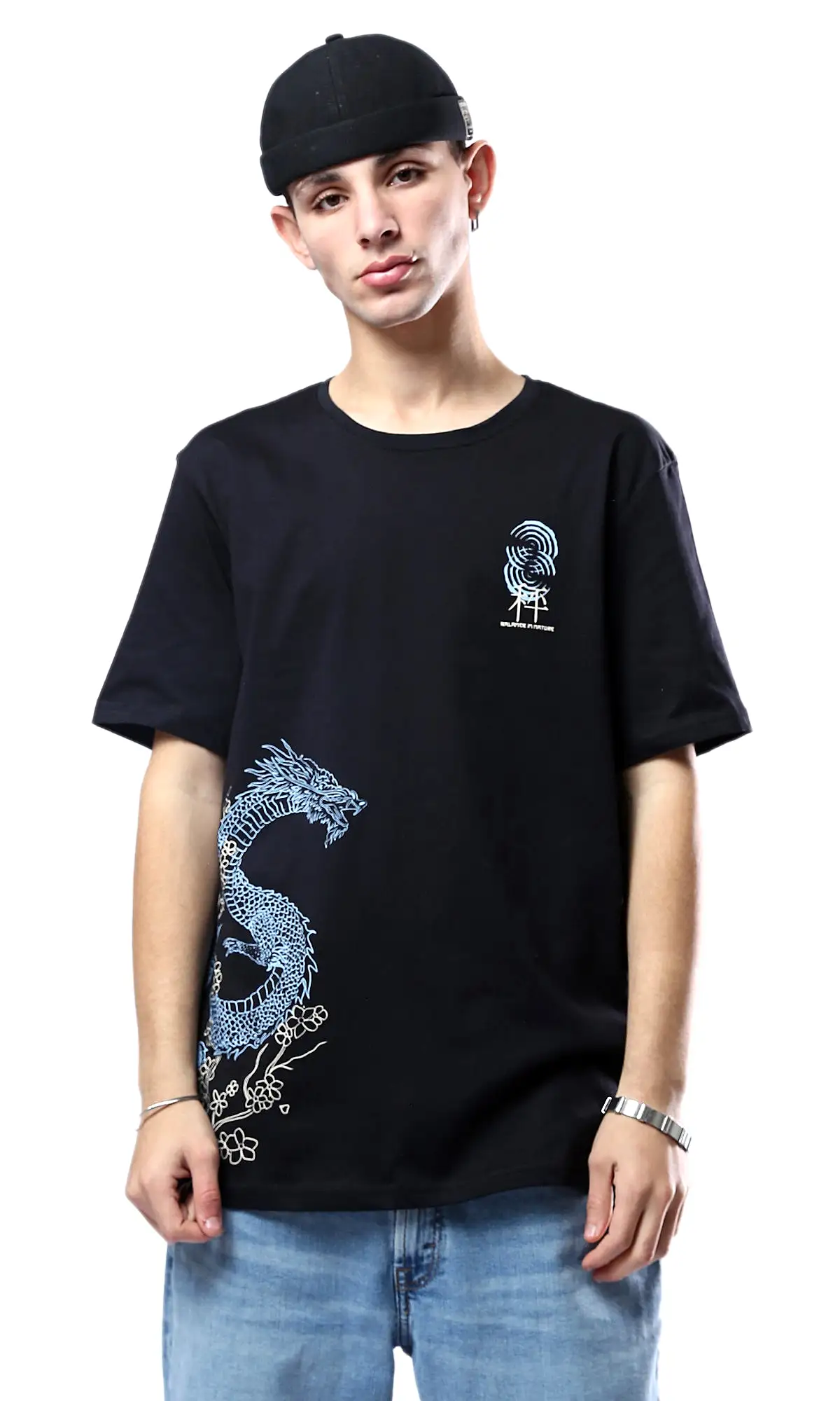 O178959 Black Crew Neck Tee With Printed Dragon