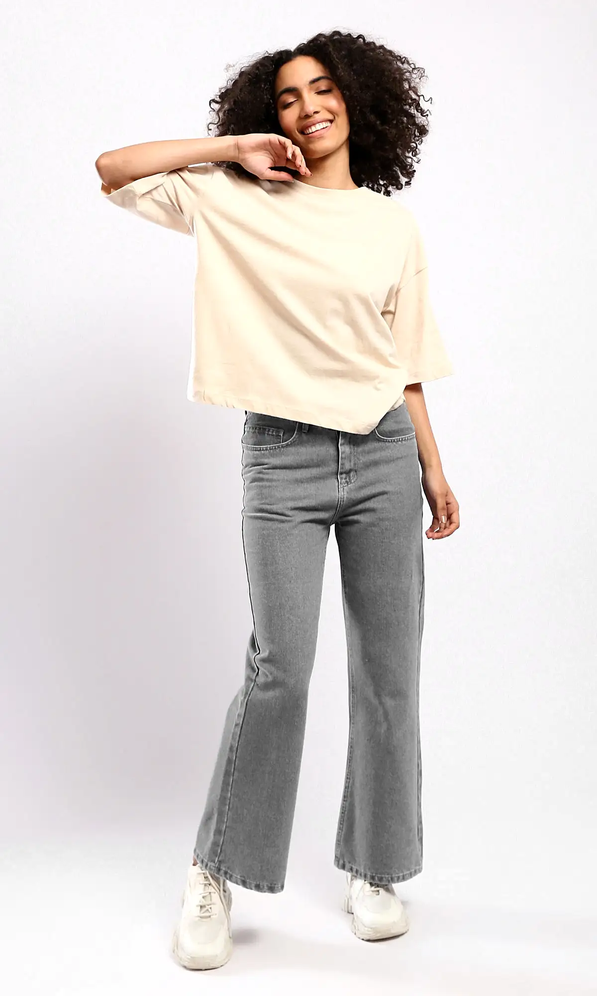 O179810 Beige Elbow-Sleeves Tee With Crew Neck