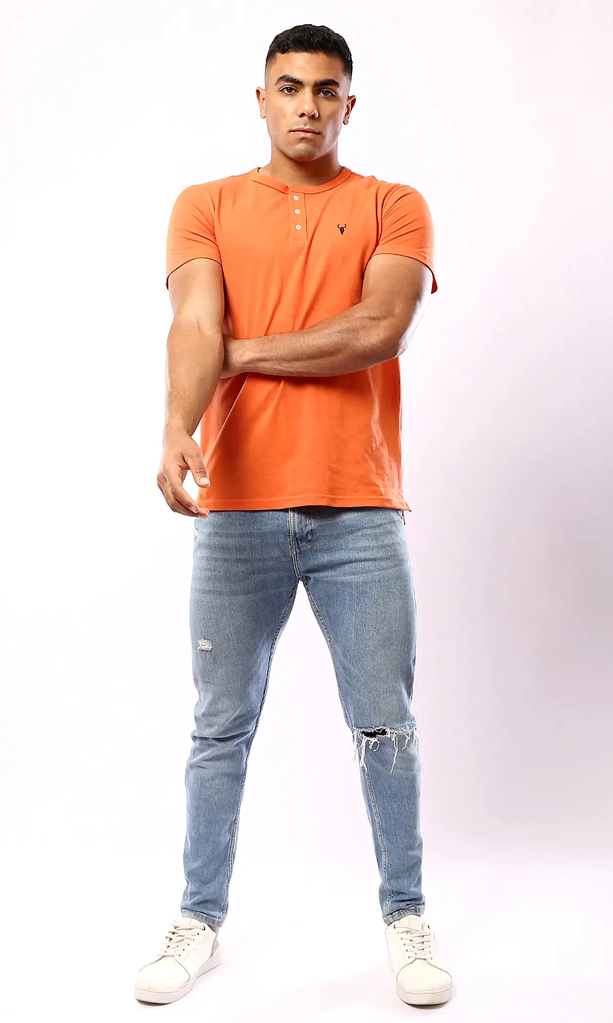 O180633 Short Sleeves Buttoned Orange Henley Shirt