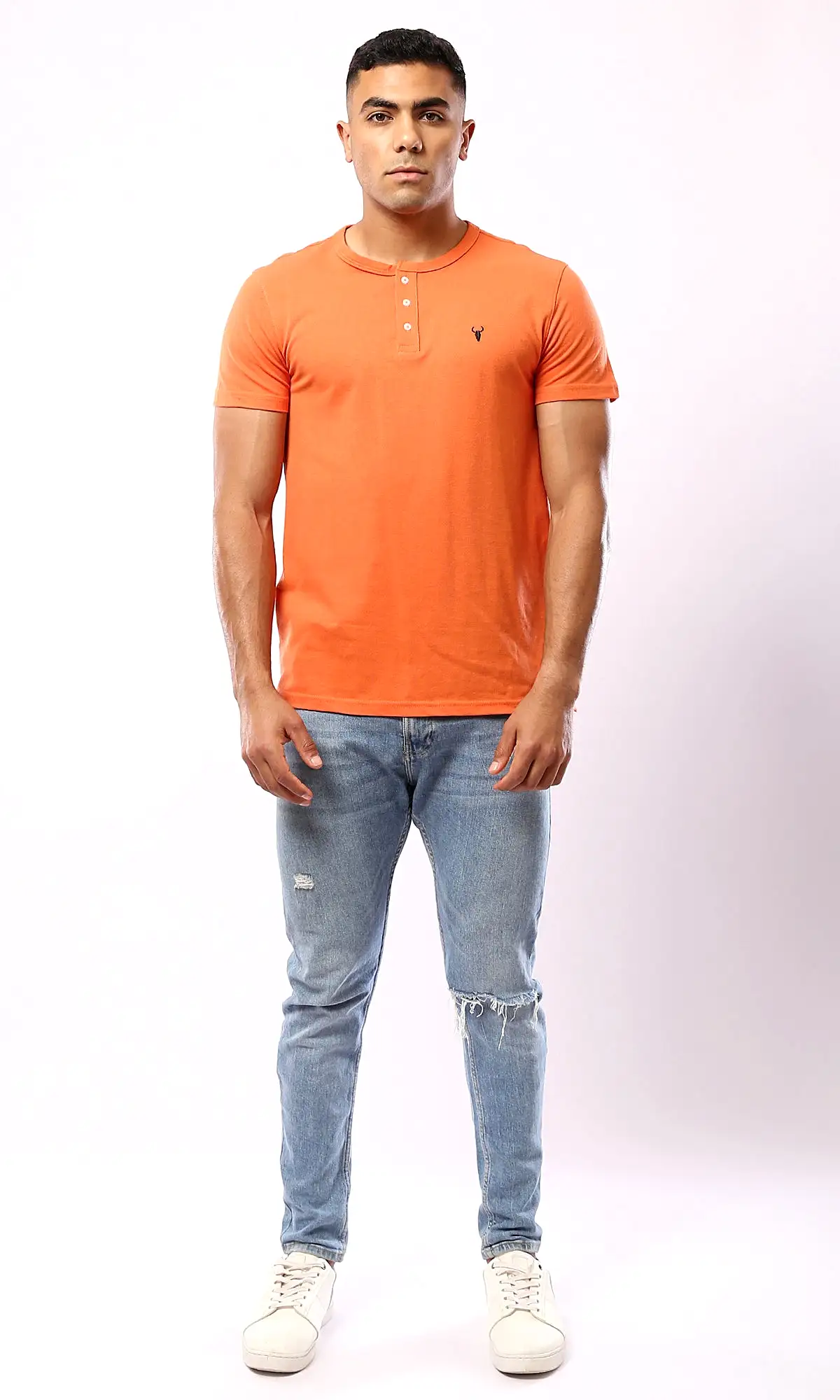 O180633 Short Sleeves Buttoned Orange Henley Shirt