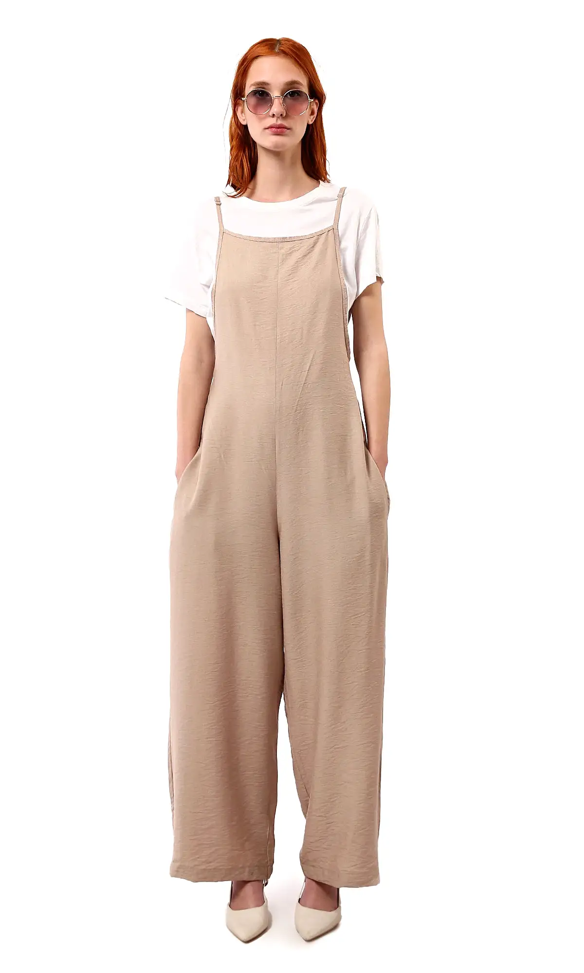 O181650 Square Neck Sleeveless Trendy Relaxed Jumpsuit - Light Coffee