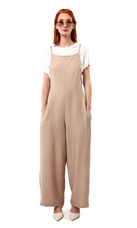 O181650 Square Neck Sleeveless Trendy Relaxed Jumpsuit - Light Coffee