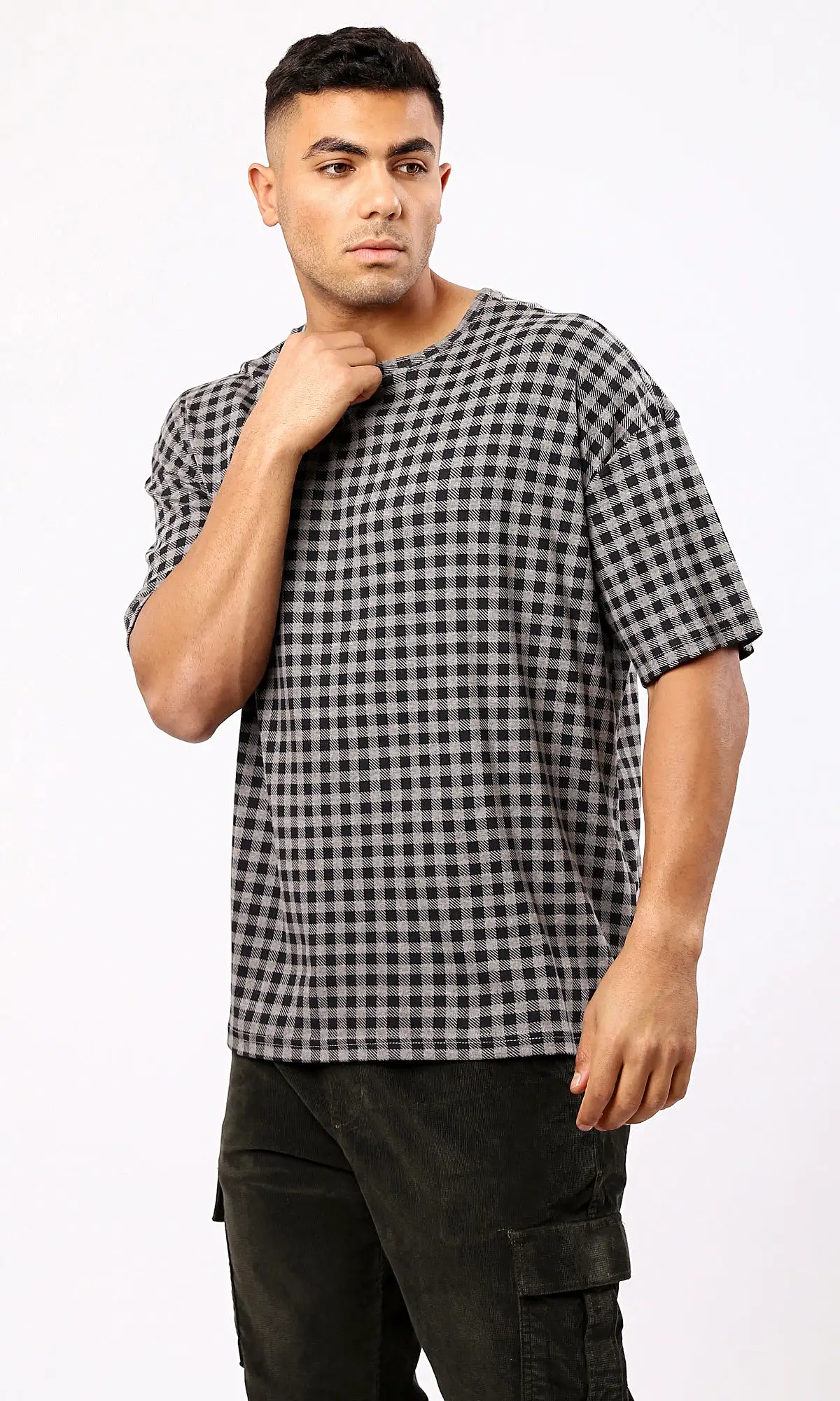 O182207 Grey & Black Plaids Relaxed Summer Tee