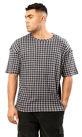 O182207 Grey & Black Plaids Relaxed Summer Tee