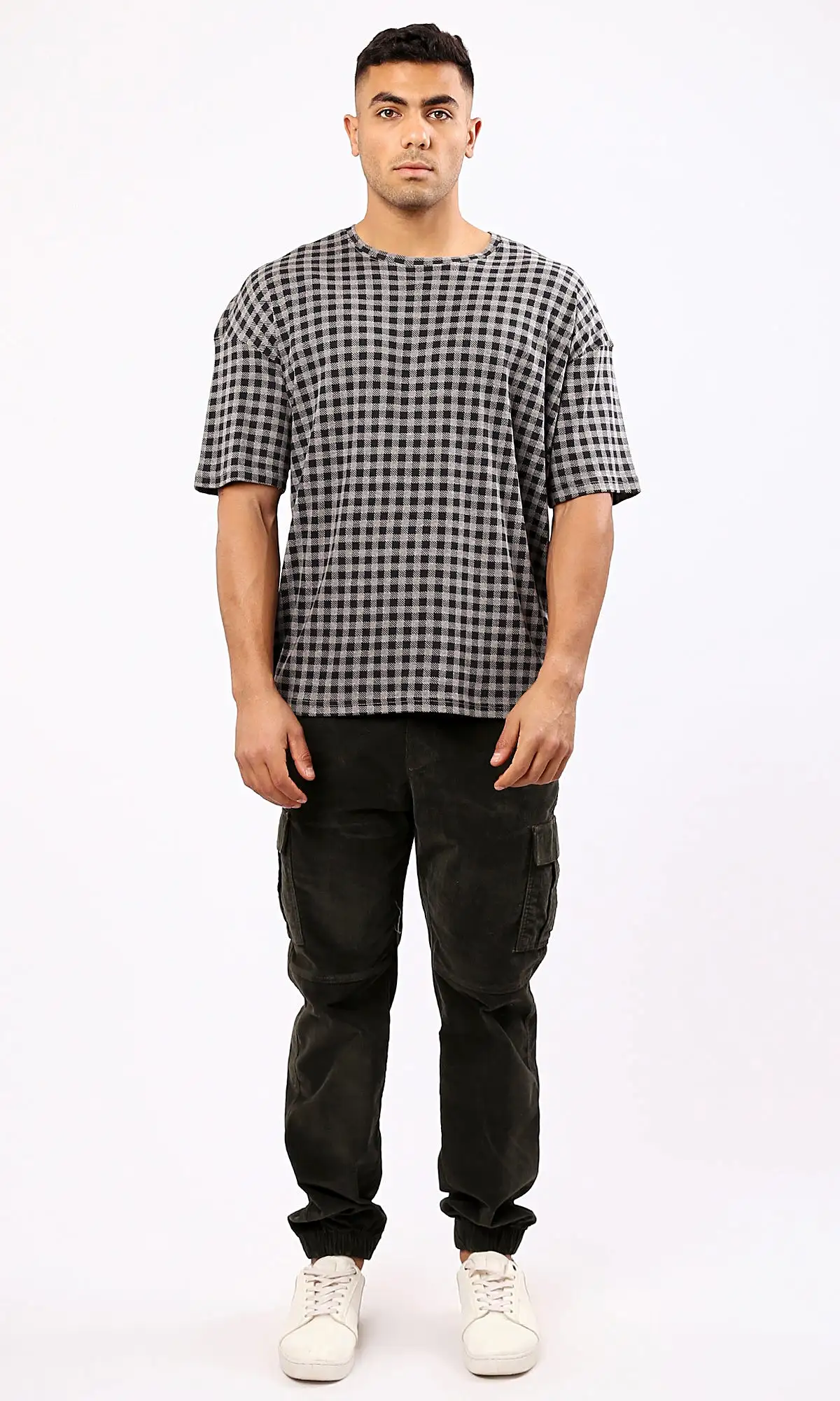 O182207 Grey & Black Plaids Relaxed Summer Tee