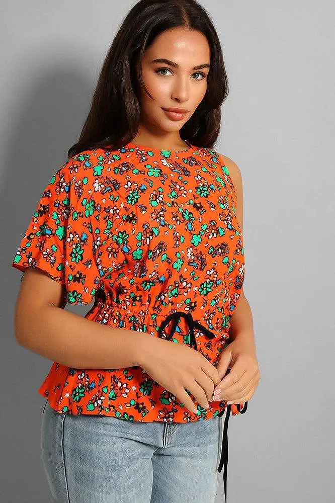 Orange Floral Asymmetric Drawstring Blouse