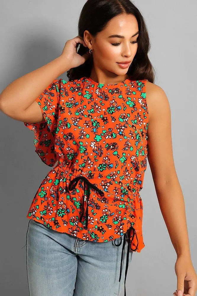 Orange Floral Asymmetric Drawstring Blouse