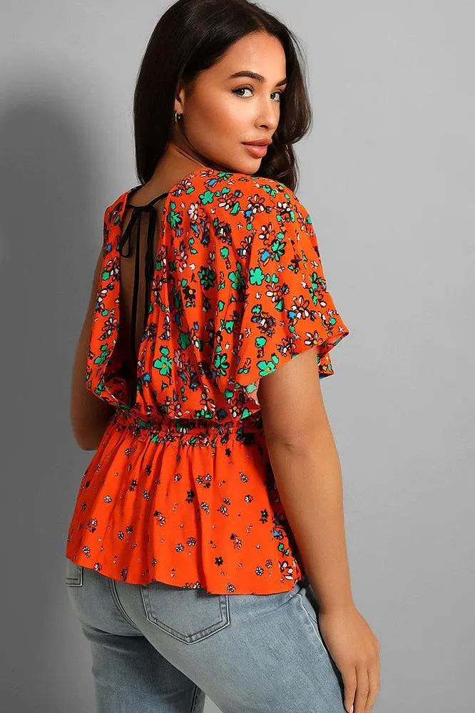 Orange Floral Asymmetric Drawstring Blouse