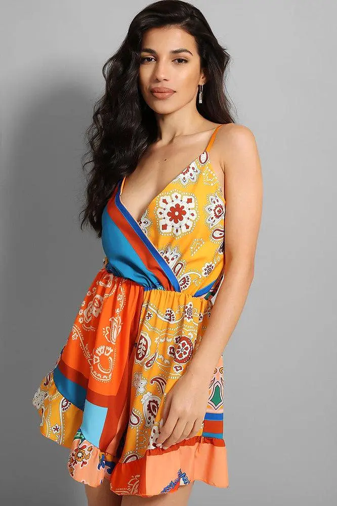 Orange Multi-Printed Patchwork Frill Hem Playsuit