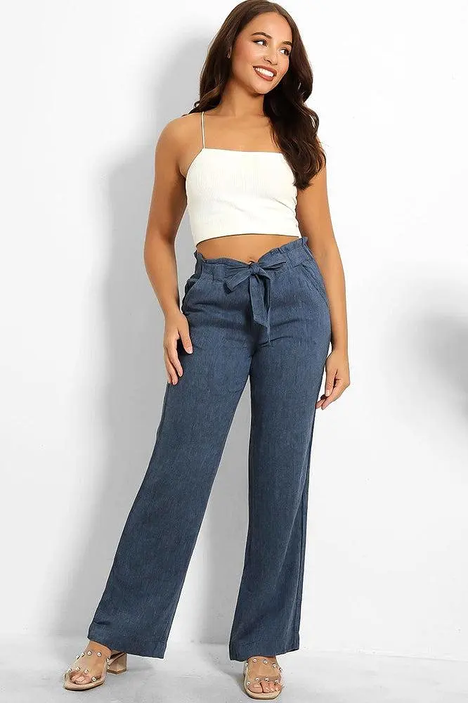 Paper Bag Waist Linen Blend Wide Leg Trousers