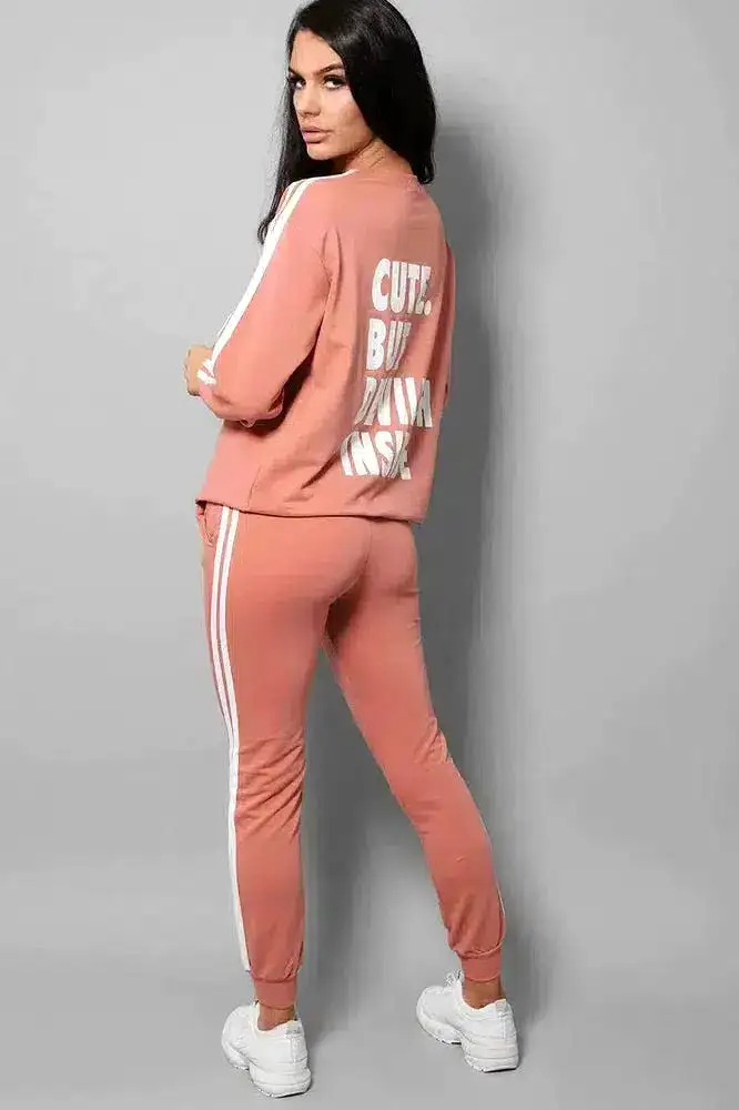 Peach Slogan Back Side Twin Stripe Detail 2 Piece Tracksuit