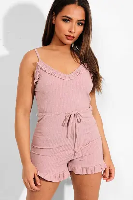 Pink Frill Trims Ribbed Cami Playsuit