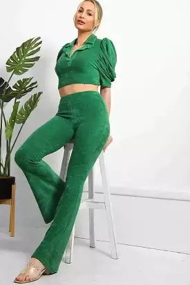 Soft Teddy Crop Top And Wide Kick Flare Trousers Set