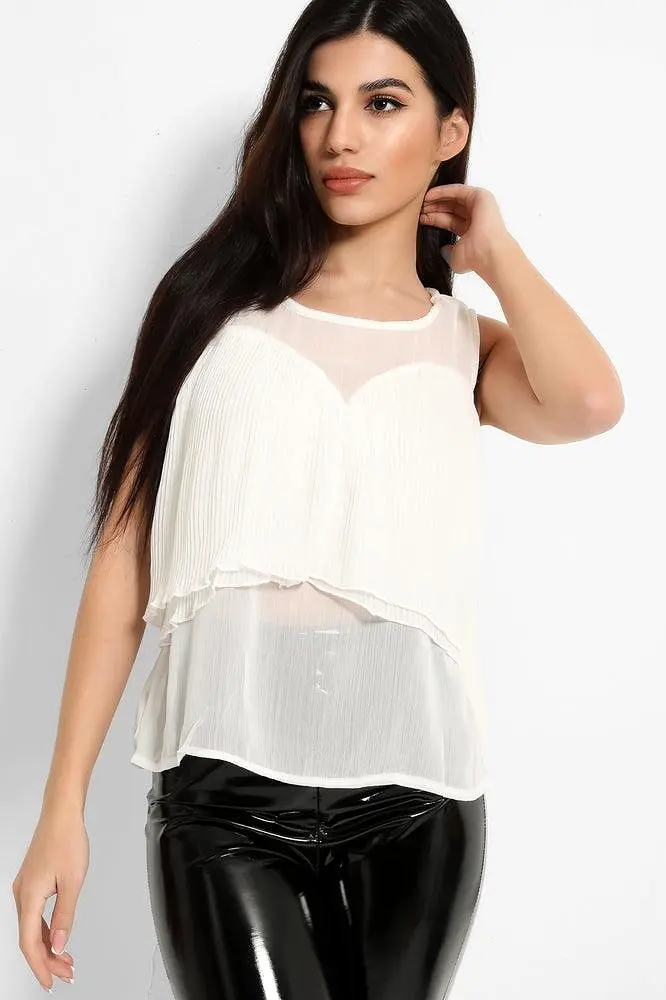 White Pleated Layered Drape Detail Top