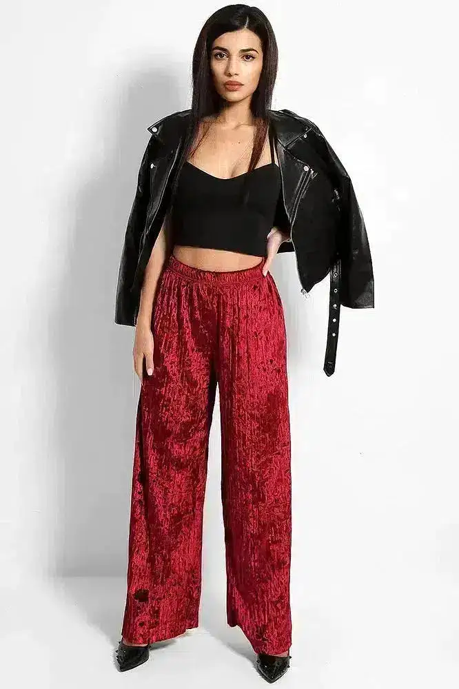 Wine Crushed Pleated Velvet Wide Leg Trousers