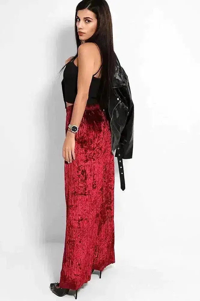 Wine Crushed Pleated Velvet Wide Leg Trousers