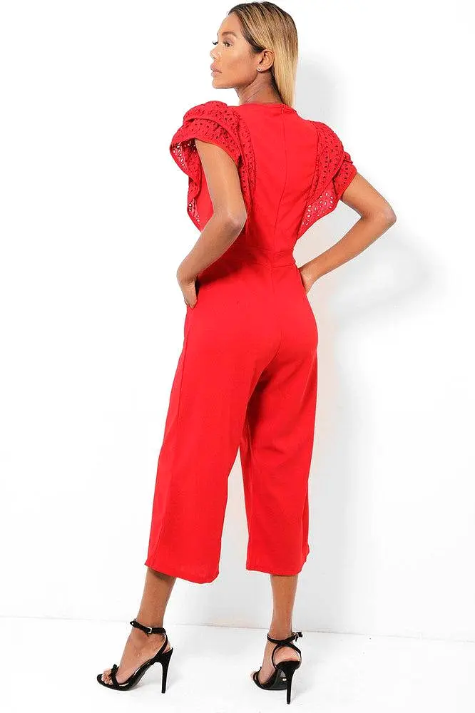 Wine Red Double Wing Sleeves Cropped Wide Leg Jumpsuit